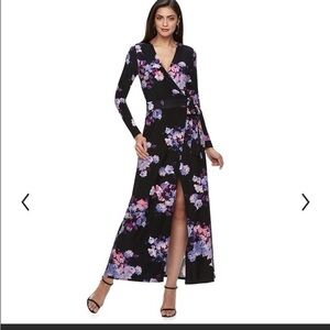 Jennifer Lopez Black Floral Long Sleeve Faux Wrap Maxi Dress Sz XL